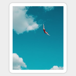 Sky Diver: Woman in Red Bathing Suit Dives Gracefully Through the Clouds Sticker